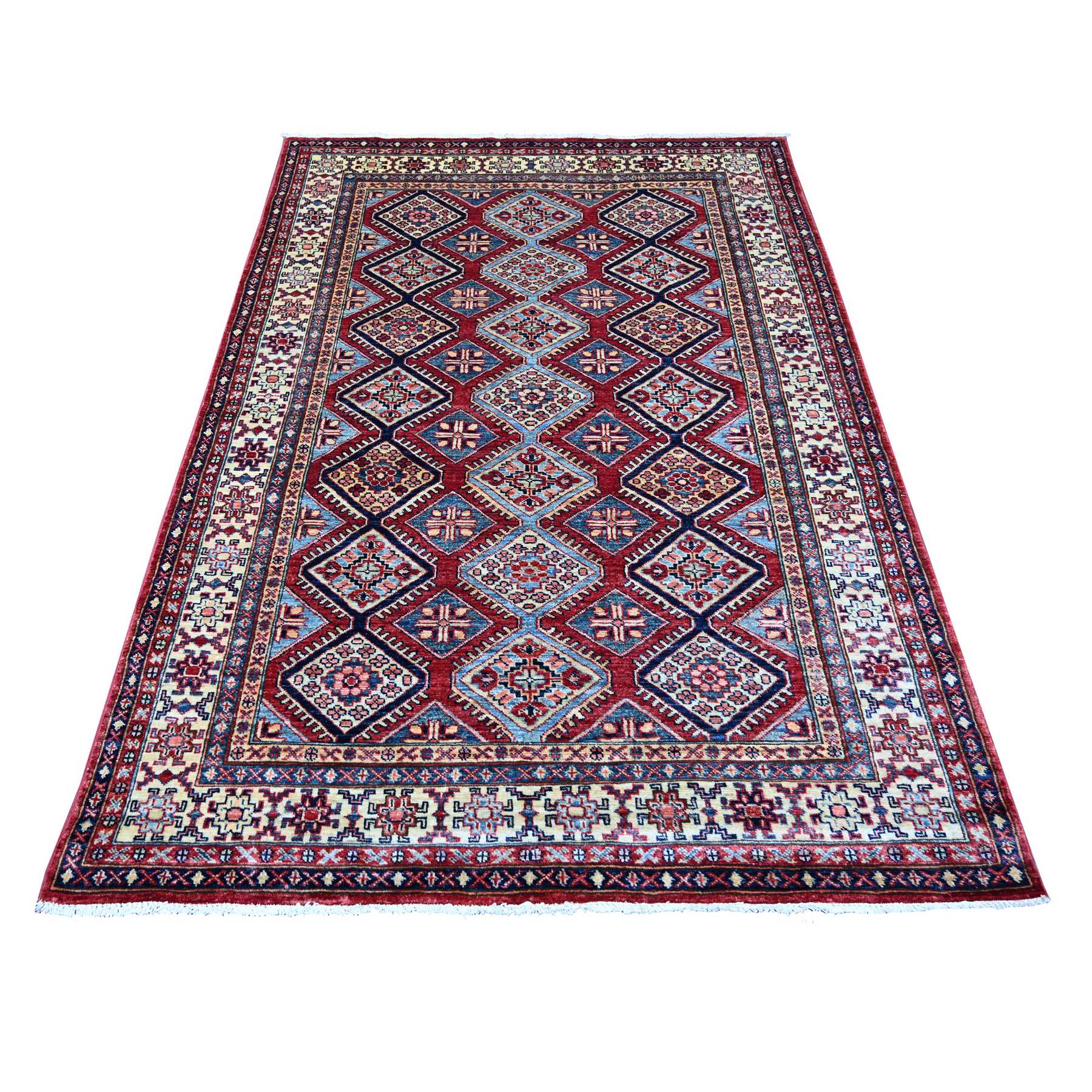Scarlet Red, Afghan Super Kazak with Serrated Medallions Design, Hand Knotted, Velvety Wool, Vegetable Dyes, Oriental Rug